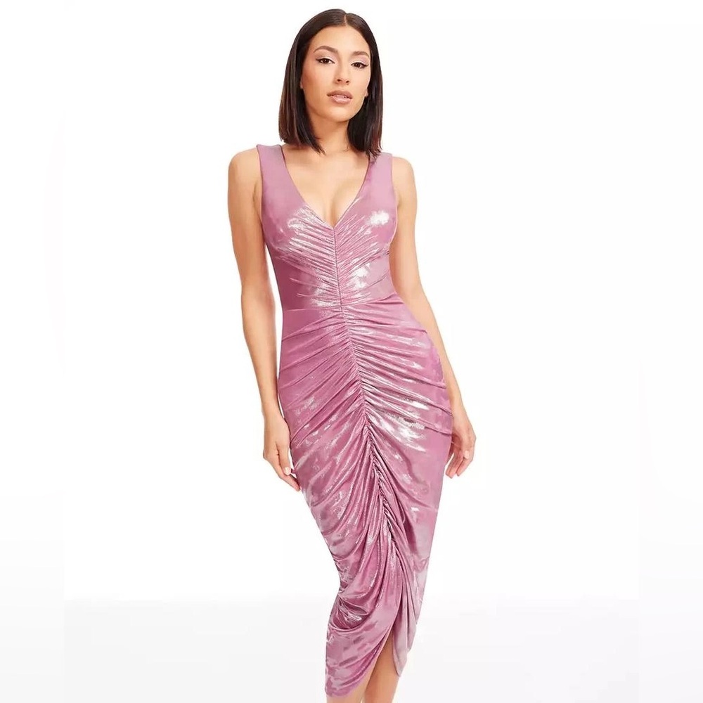 Dress the Population Britt Ruched Metallic Midi Dress